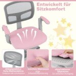 Ergonomiška vaikiška kėdė rašomajam stalui su reguliuojamu aukščiu ir pasukama sėdyne (Rožinė)