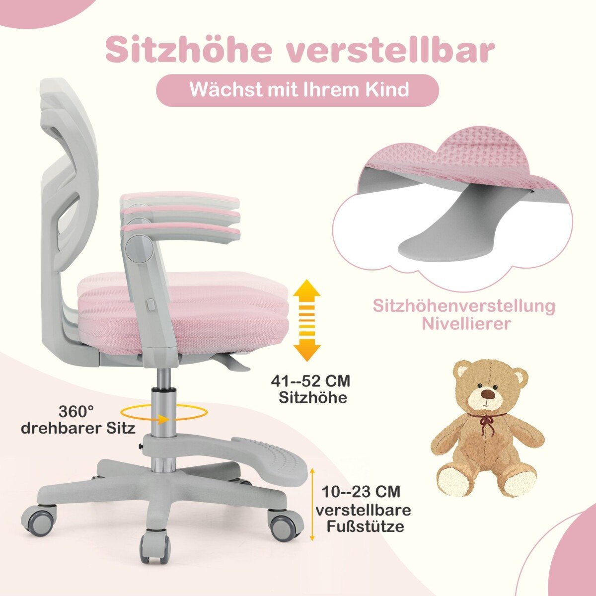 Ergonomiška vaikiška kėdė rašomajam stalui su reguliuojamu aukščiu ir pasukama sėdyne (Rožinė)