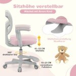 Ergonomiška vaikiška kėdė rašomajam stalui su reguliuojamu aukščiu ir pasukama sėdyne (Rožinė)