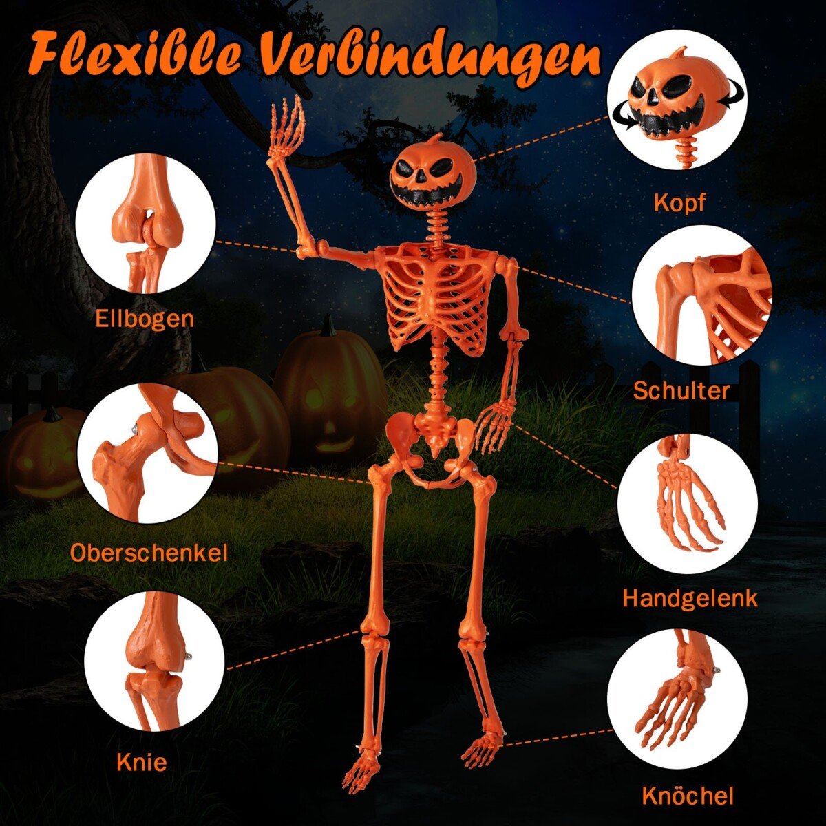 Gyvenimo dydžio Helovino skeletas su moliūgo galva ir lanksčiomis jungtimis 160 cm (Oranžinė)