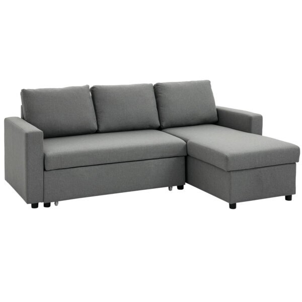 Kampinė sofa-lova su daiktadėže ir keičiama šezlongo puse lininio audinio