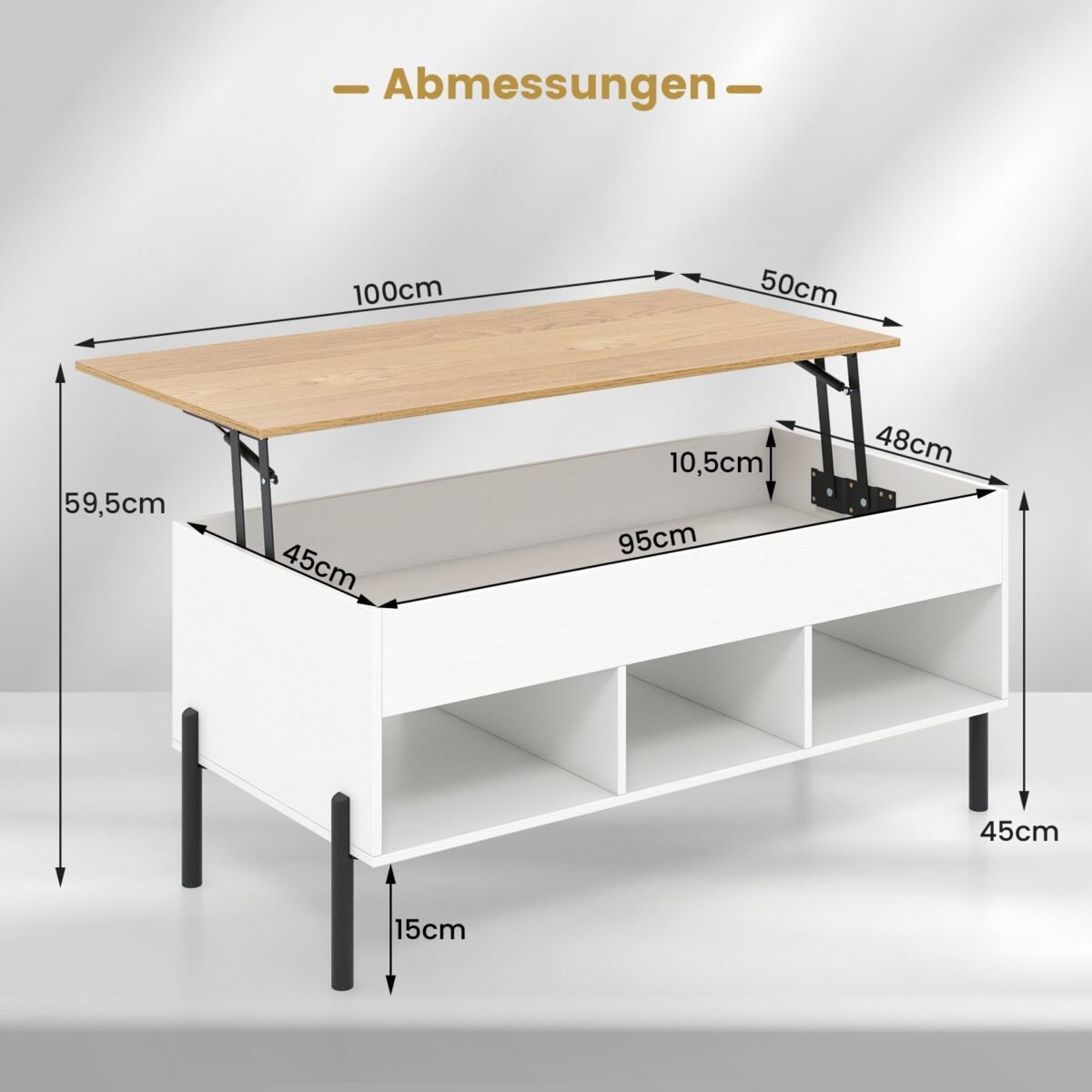 Kavos staliukas su pakeliama reguliuojamo aukščio viršutine dalimi ir integruotomis saugojimo erdvėmis (Balta)