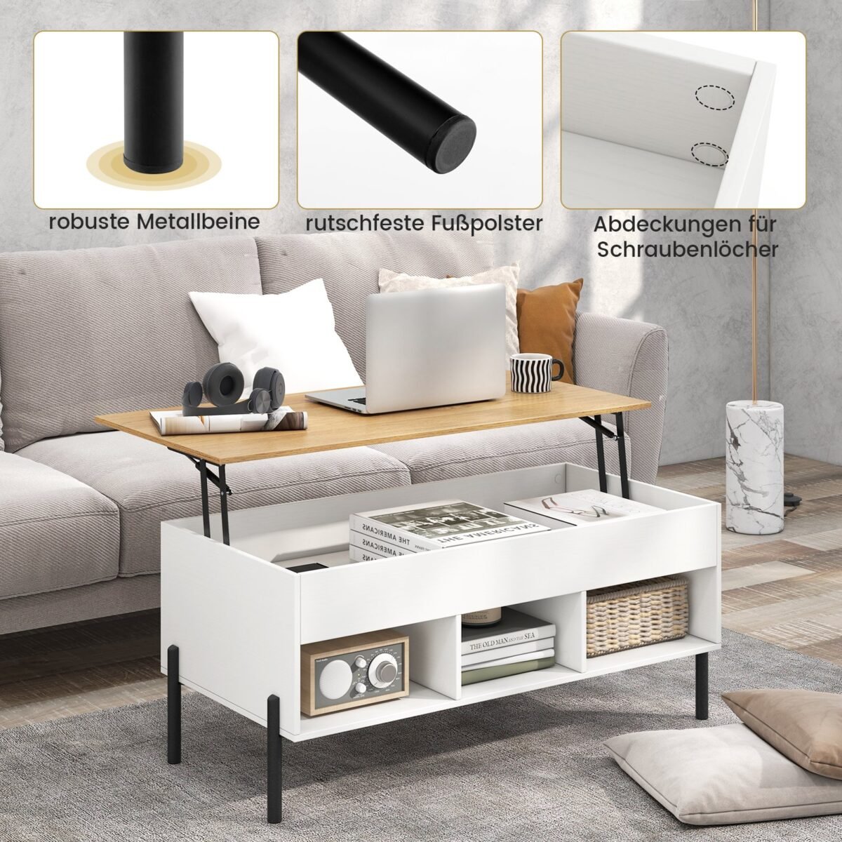 Kavos staliukas su pakeliama reguliuojamo aukščio viršutine dalimi ir integruotomis saugojimo erdvėmis (Balta)