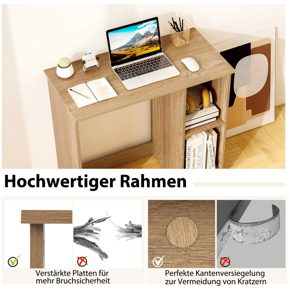 Kompaktiškas kompiuterio stalas su 2 lentynėlėmis (Natūrali)