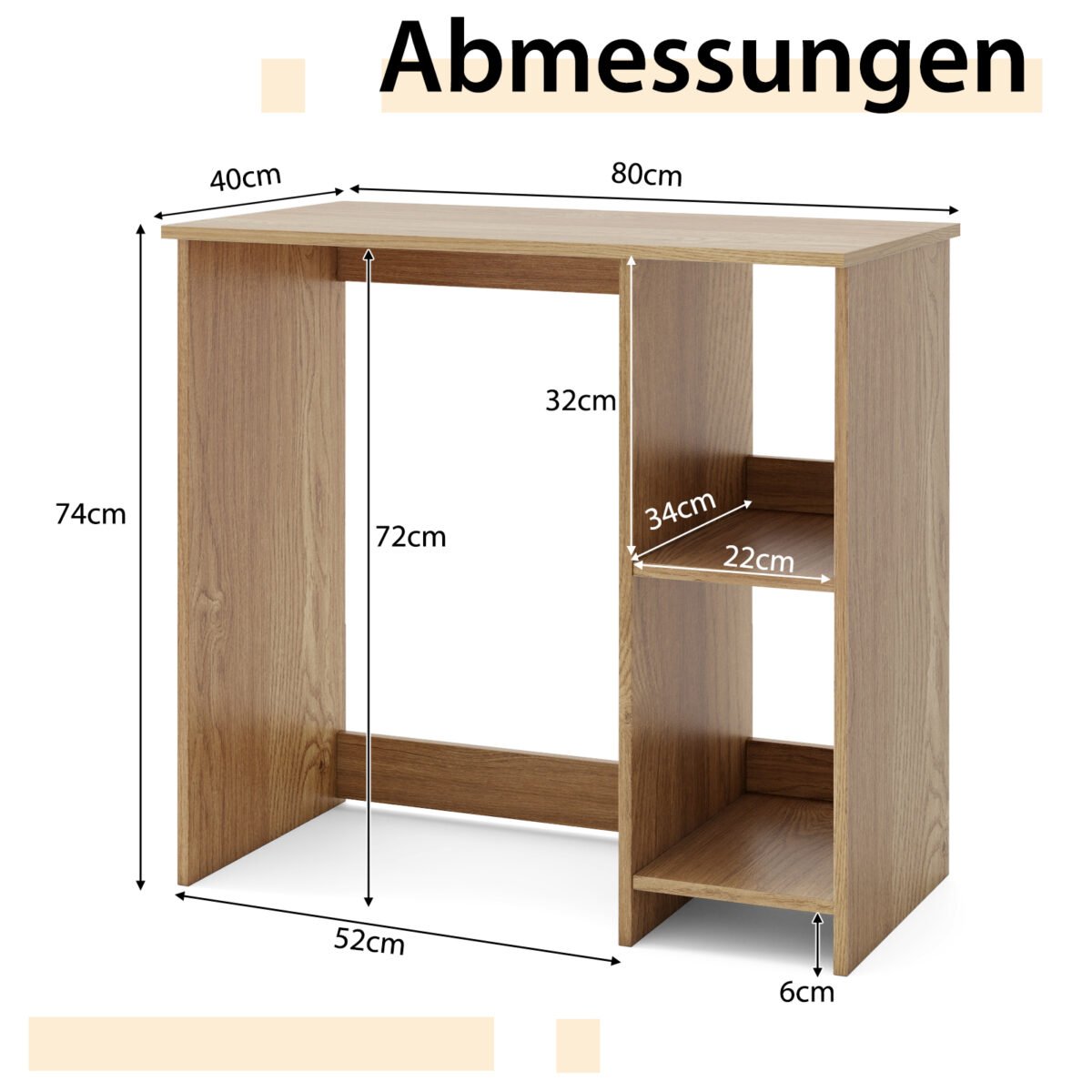 Kompaktiškas kompiuterio stalas su 2 lentynėlėmis (Natūrali)