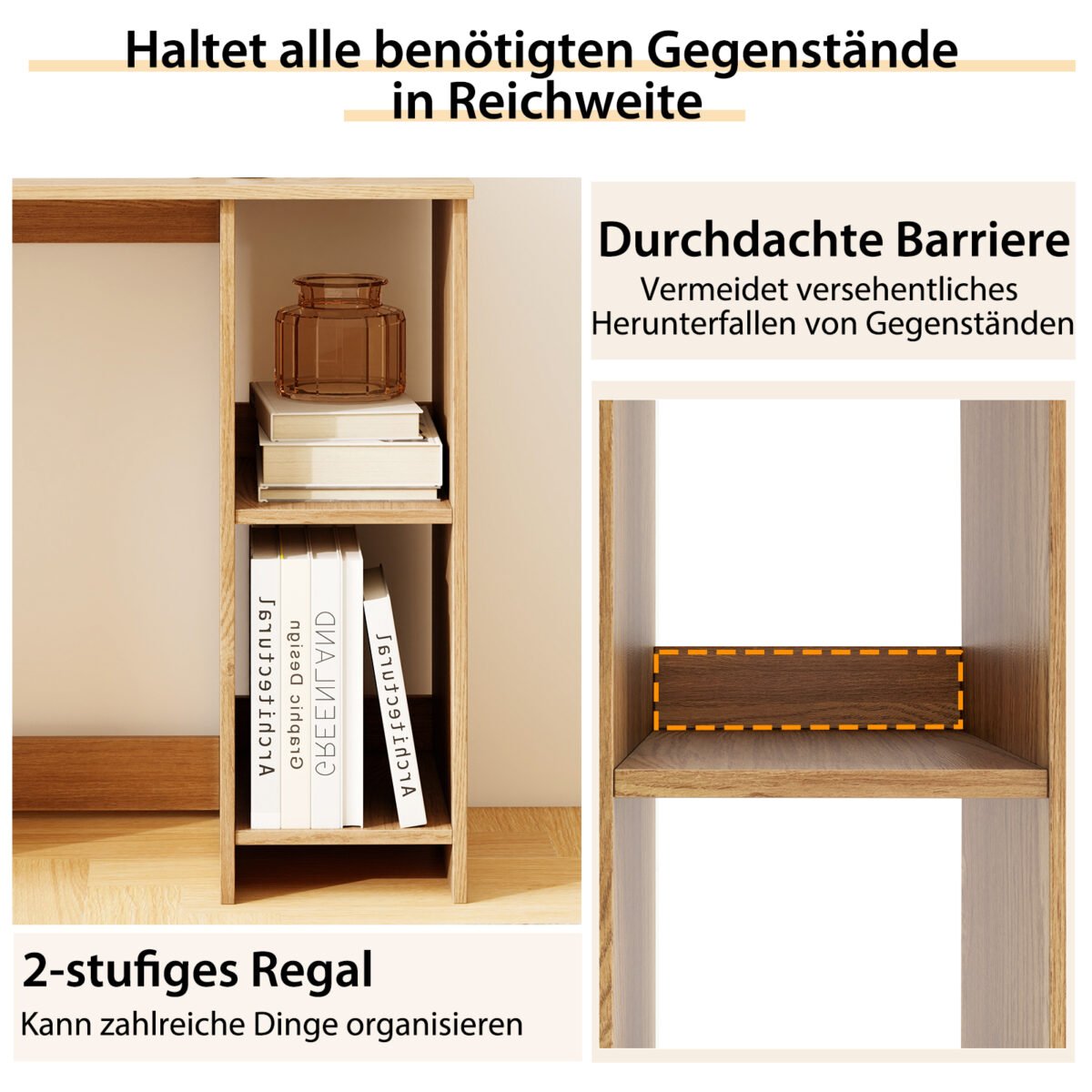 Kompaktiškas kompiuterio stalas su 2 lentynėlėmis (Natūrali)