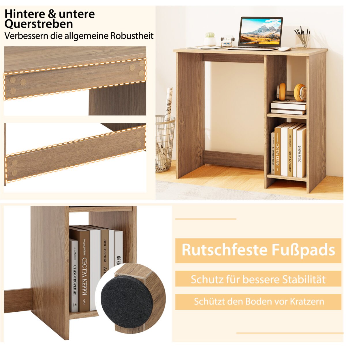 Kompaktiškas kompiuterio stalas su 2 lentynėlėmis (Natūrali)