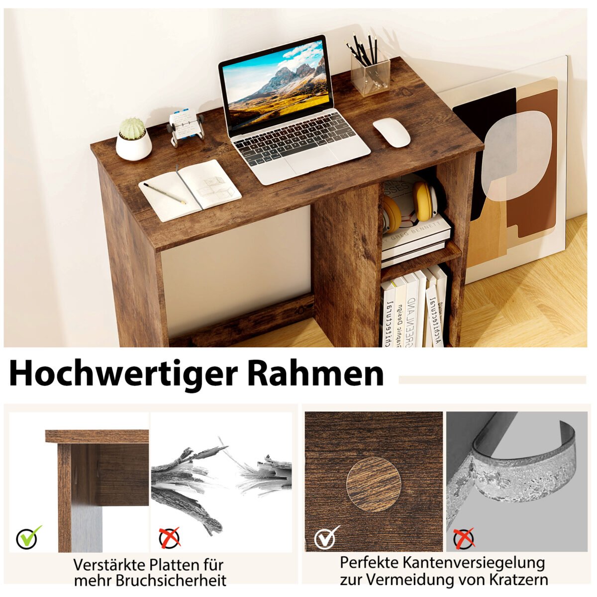 Kompaktiškas kompiuterio stalas su dviem lentynomis (Ruda)