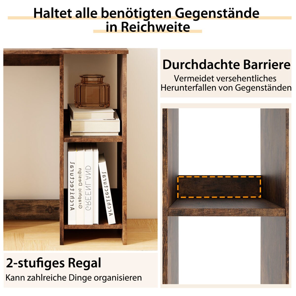 Kompaktiškas kompiuterio stalas su dviem lentynomis (Ruda)