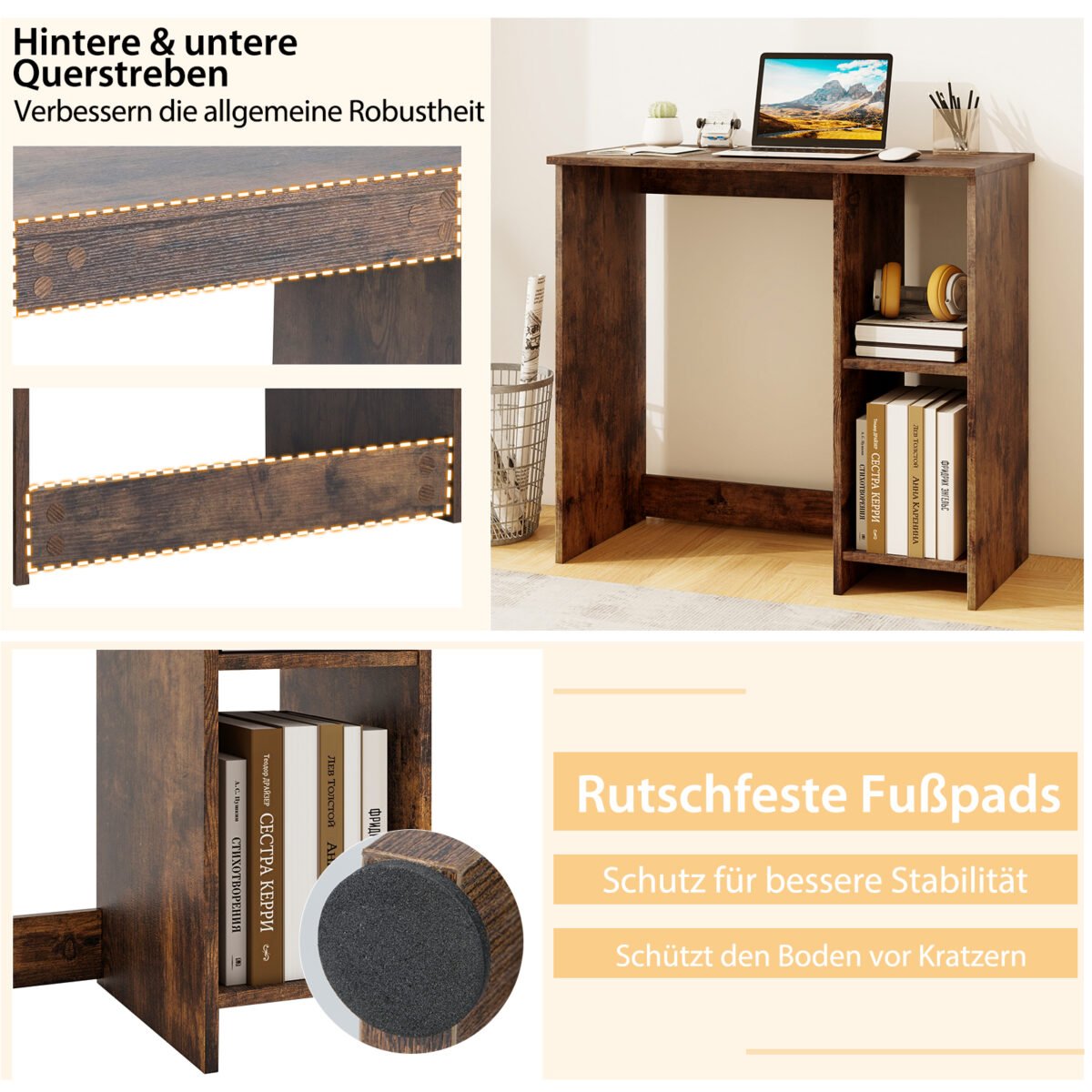 Kompaktiškas kompiuterio stalas su dviem lentynomis (Ruda)