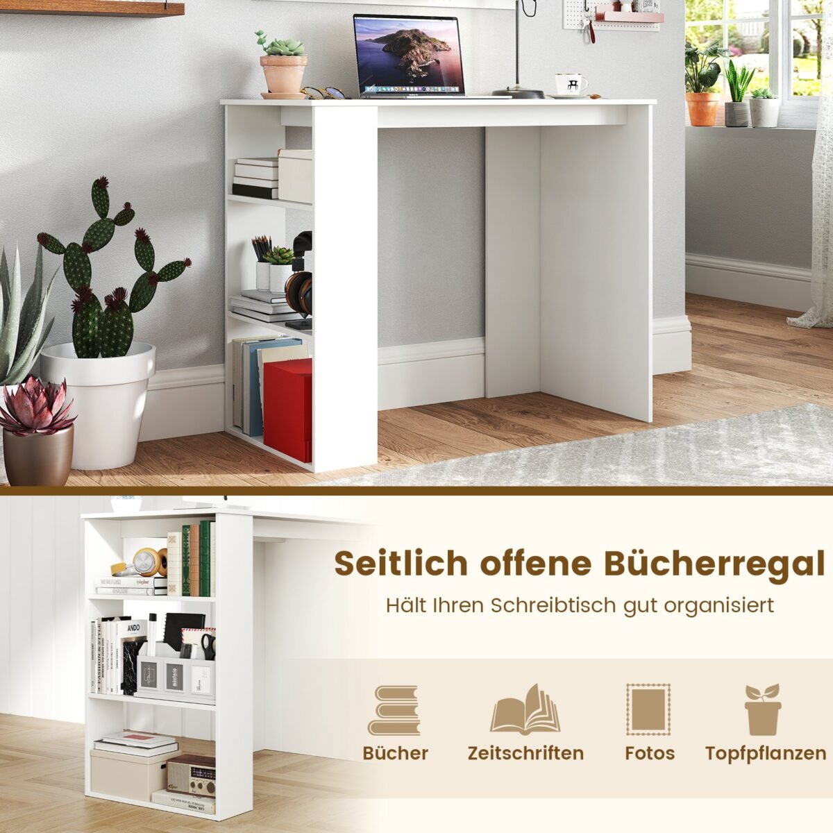 Kompaktiškas rašomasis stalas su integruota knygų lentyna (Balta)