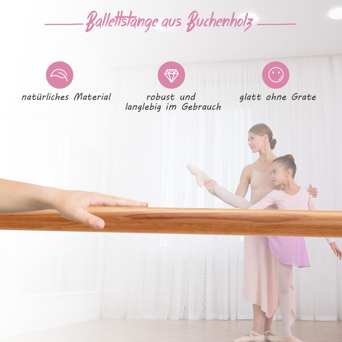 Laisvai pastatoma baleto lazda su dvigubomis medinėmis reguliuojamo aukščio juostomis (Rožinė)