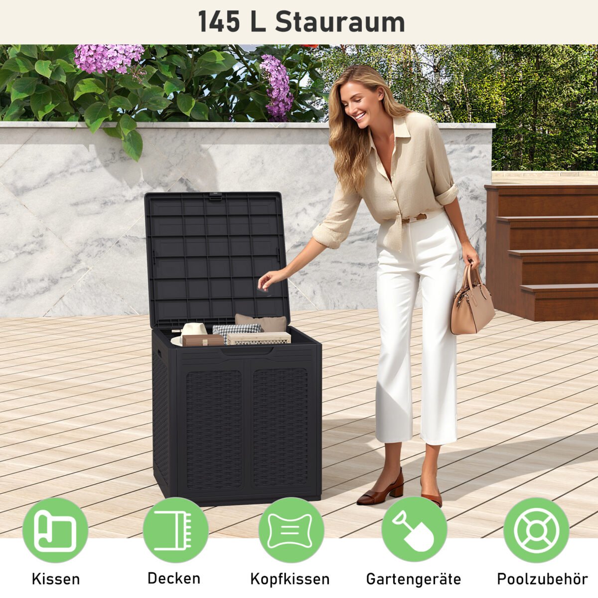 Lauko daiktadėžė su dangčiu ir ratano imitacija 145 L (Juoda) – Paveikslėlis 3