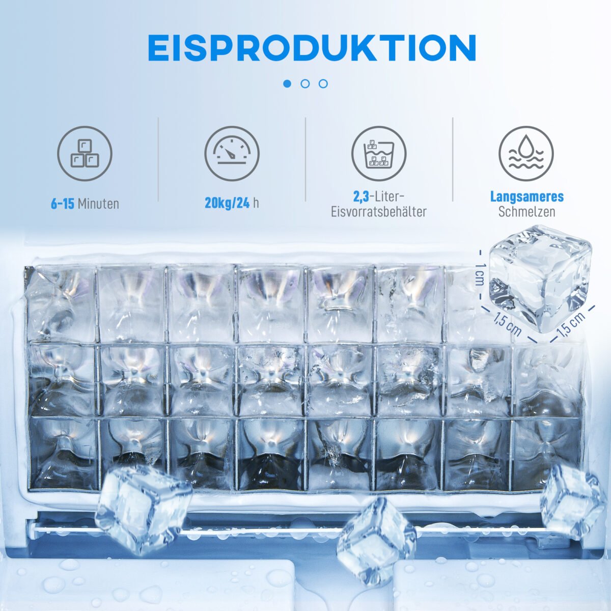 Ledo kubelių gaminimo aparatas, gaminantis iki 20 kg per parą, su savaiminio valymo funkcija