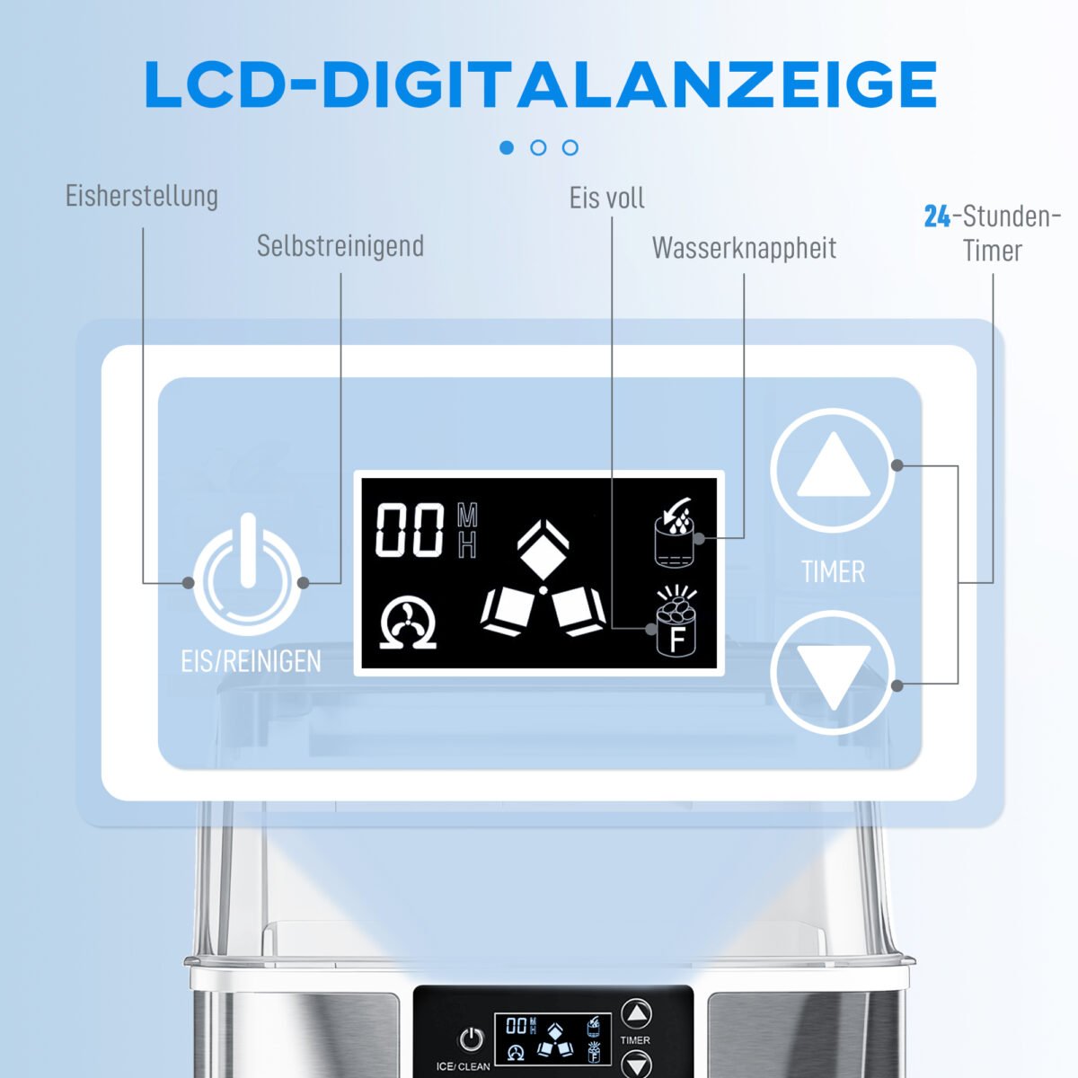 Ledo kubelių gaminimo aparatas, gaminantis iki 20 kg per parą, su savaiminio valymo funkcija