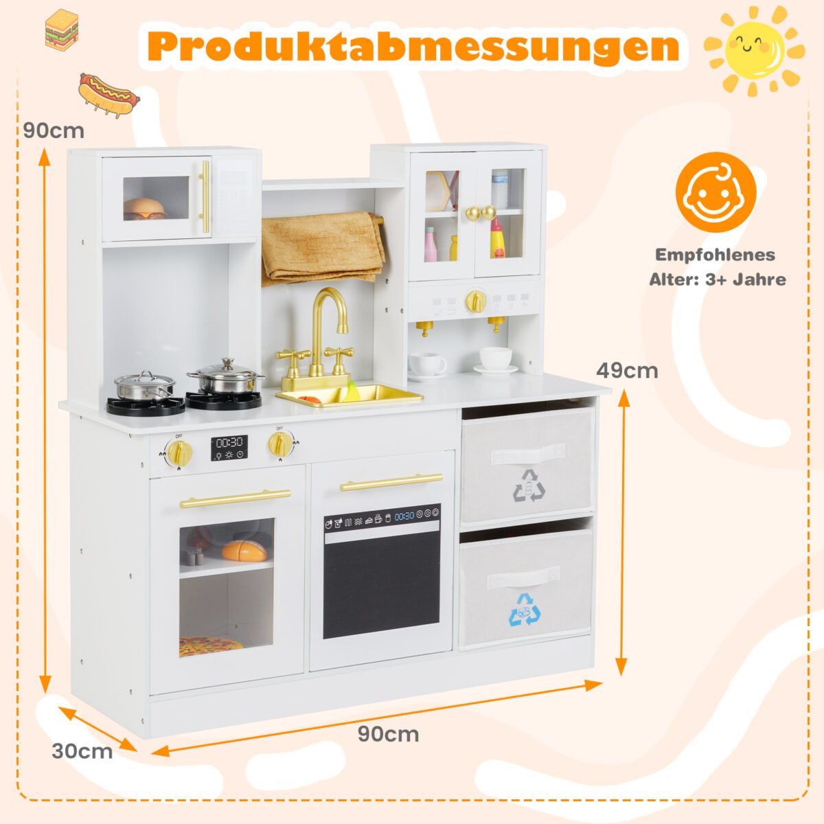 Medinė vaikiška žaidimų virtuvėlė su virykle garsais ir šviesomis (Balta)