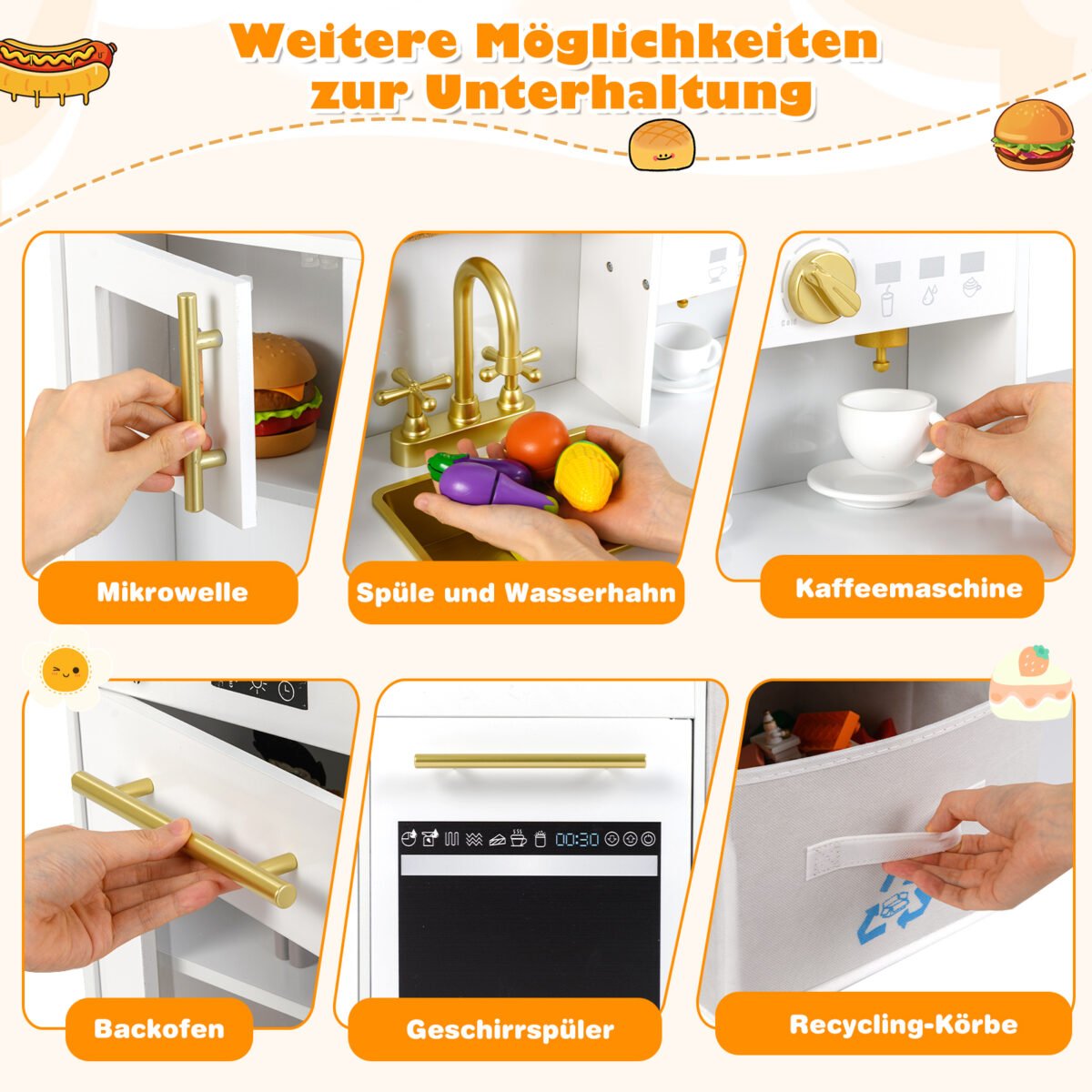 Medinė vaikiška žaidimų virtuvėlė su virykle garsais ir šviesomis (Balta)