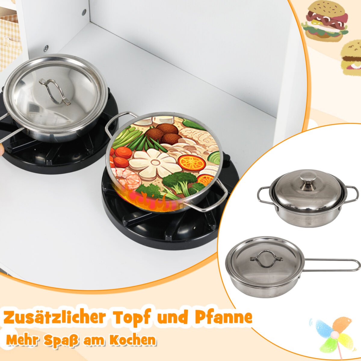 Medinė vaikiška žaidimų virtuvėlė su virykle garsais ir šviesomis (Balta)