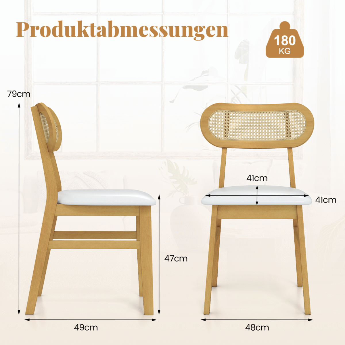 Medinės valgomojo kėdės su paminkštinta sėdyne ir rotango atlošu 2 vnt (Balta)