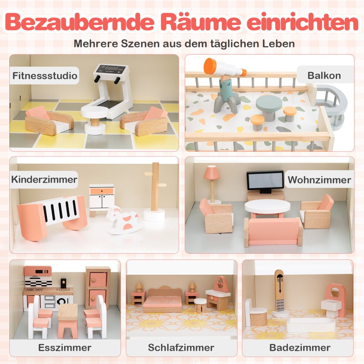 Medinis kampinis lėlių namelis su 41 baldais (Oranžinė)