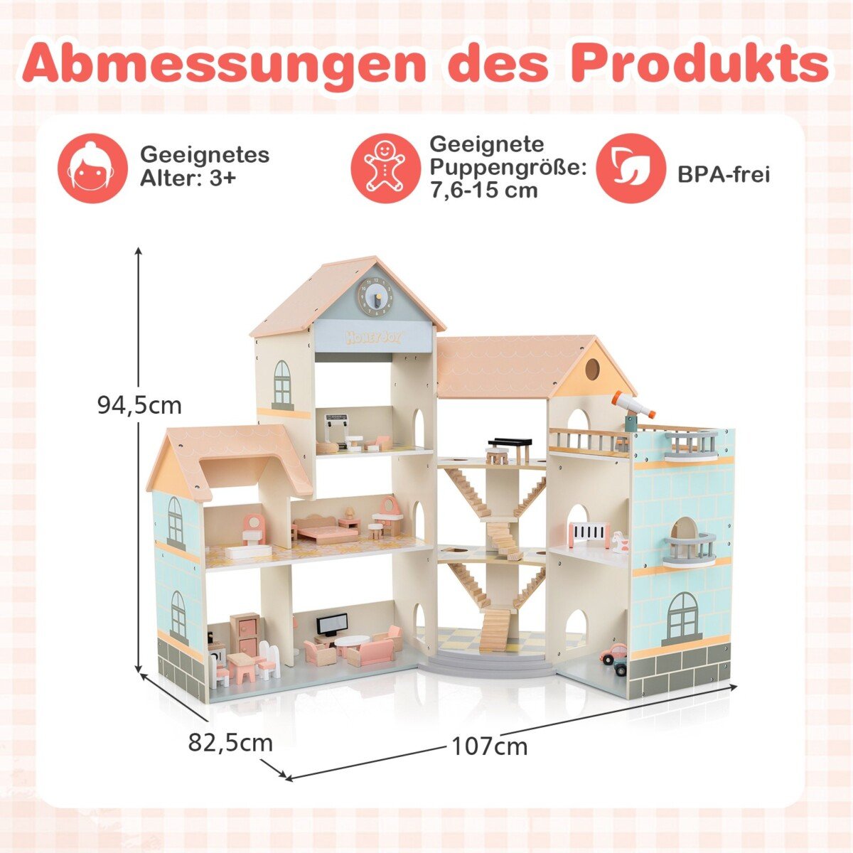 Medinis kampinis lėlių namelis su 41 baldais (Oranžinė)