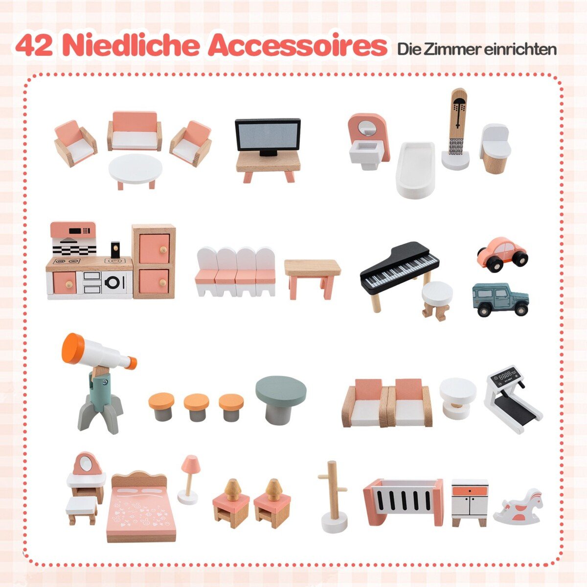 Medinis kampinis lėlių namelis su 41 baldais (Oranžinė)