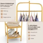 Metalinė kampinė rūbų kabykla su batų lentynomis (Auksinė)