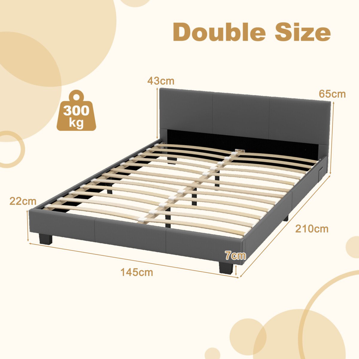 Minkšta lova su LED apšvietimu ir grotelėmis 140 x 200 cm (Pilka)