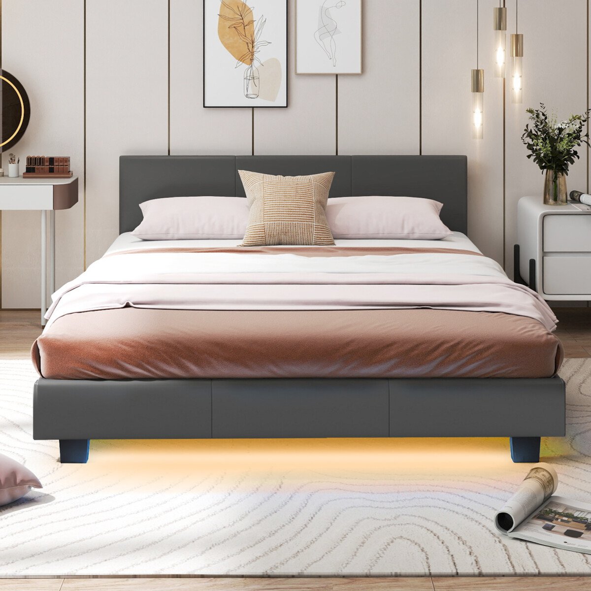 Minkšta lova su LED apšvietimu ir grotelėmis 140 x 200 cm (Pilka)