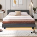 Minkšta lova su LED apšvietimu ir grotelėmis 140 x 200 cm (Pilka)