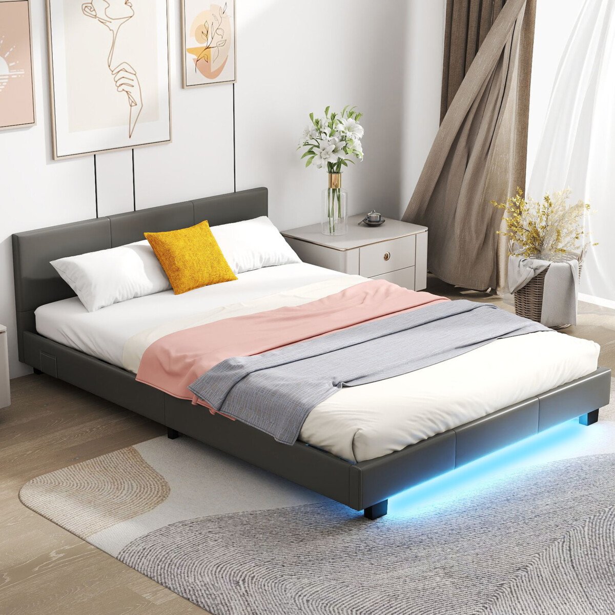 Minkšta lova su LED apšvietimu ir grotelėmis 140 x 200 cm (Pilka)