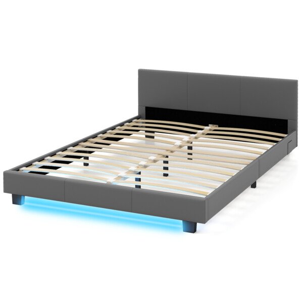 Minkšta lova su LED apšvietimu ir grotelėmis 140 x 200 cm (Pilka)