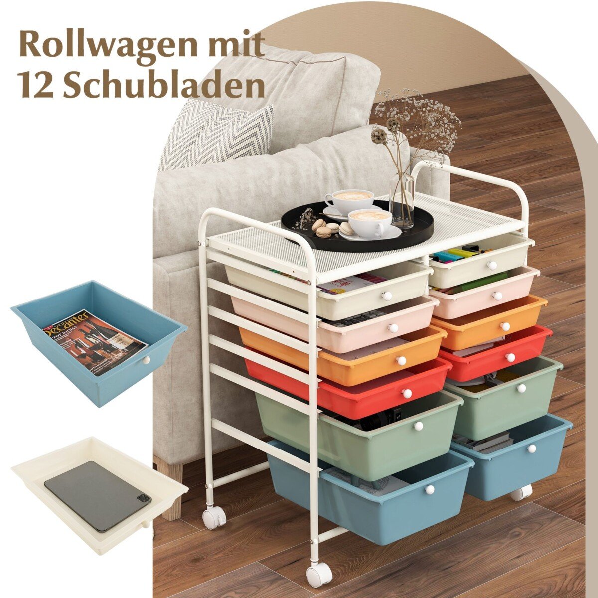 Mobilus 12 stalčių vežimėlis su metaliniu rėmu (Įvairiaspalvė)