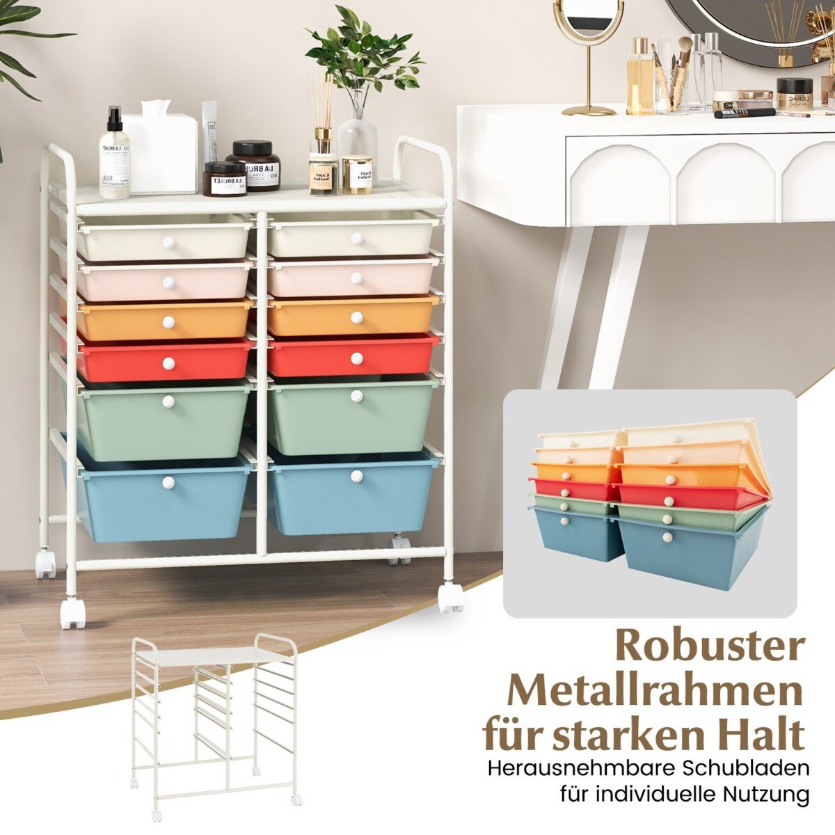 Mobilus 12 stalčių vežimėlis su metaliniu rėmu (Įvairiaspalvė)