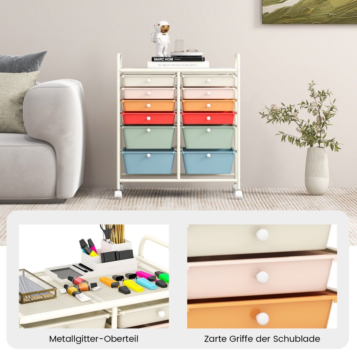 Mobilus 12 stalčių vežimėlis su metaliniu rėmu (Įvairiaspalvė)