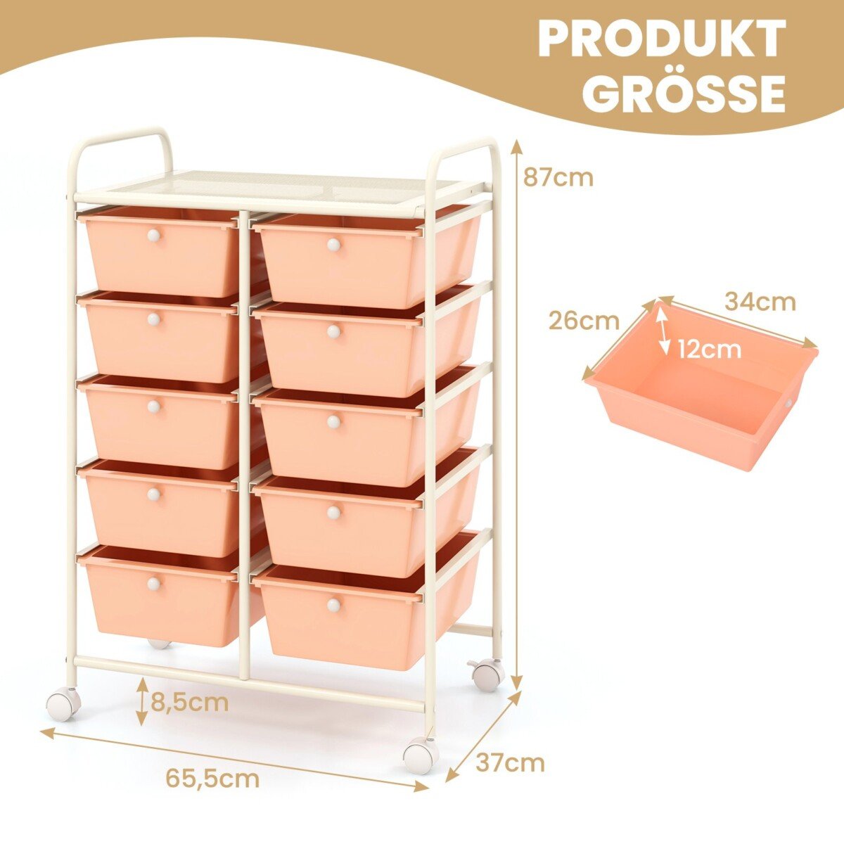 Mobilus daugiafunkcis vežimėlis su 10 stalčių (Šviesiai rožinė)