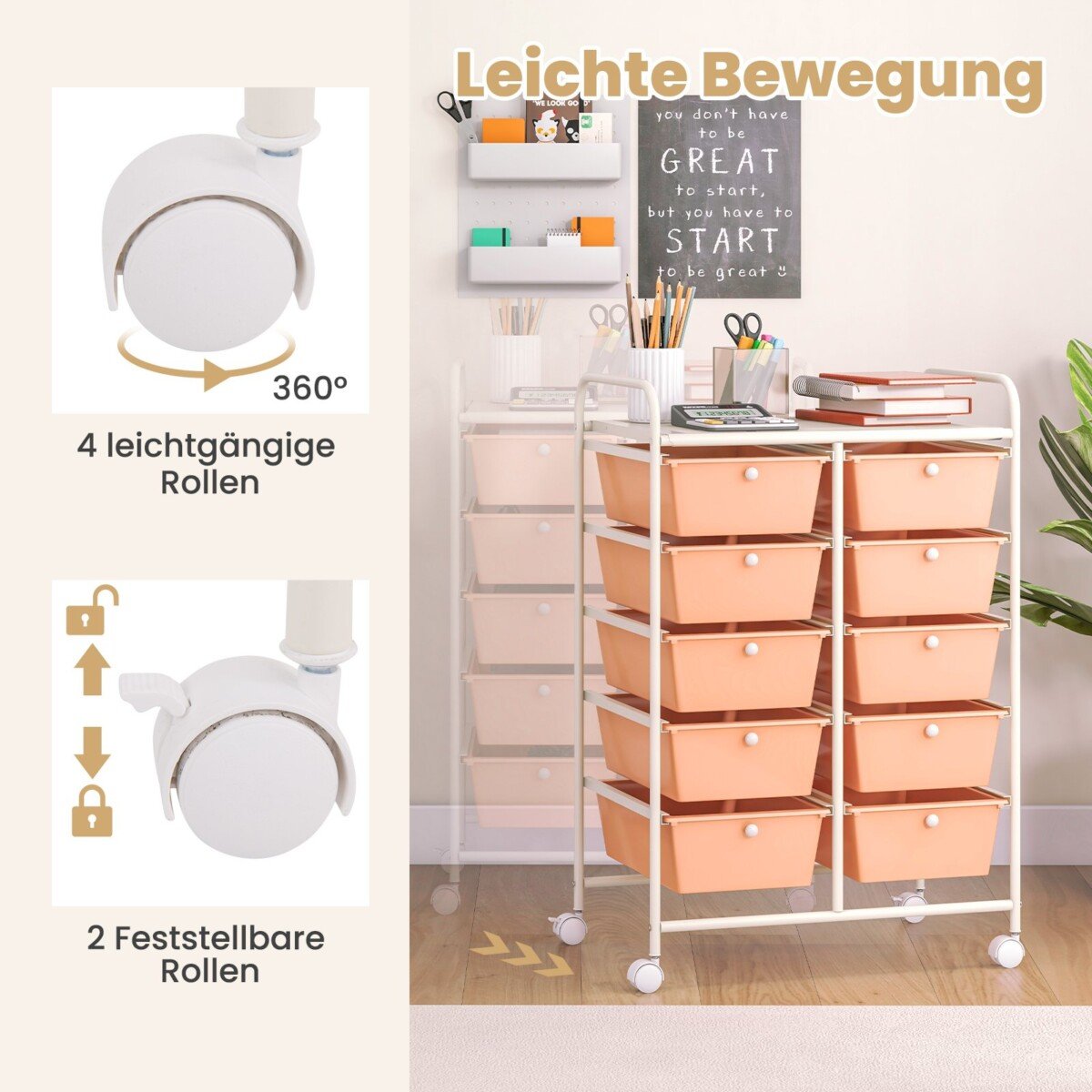 Mobilus daugiafunkcis vežimėlis su 10 stalčių (Šviesiai rožinė)