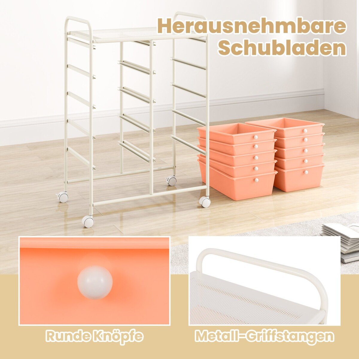 Mobilus daugiafunkcis vežimėlis su 10 stalčių (Šviesiai rožinė)