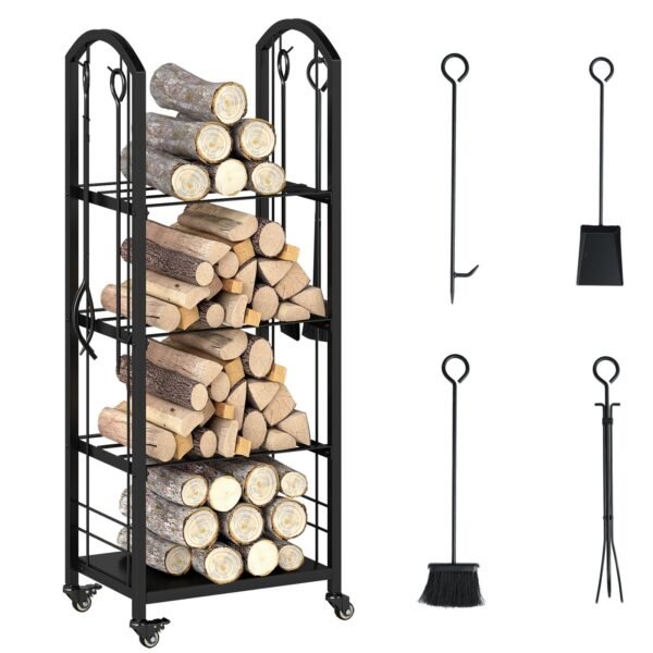 Mobilus keturaukštis malkų laikiklis su integruotais kamino įrankiais (Juoda)