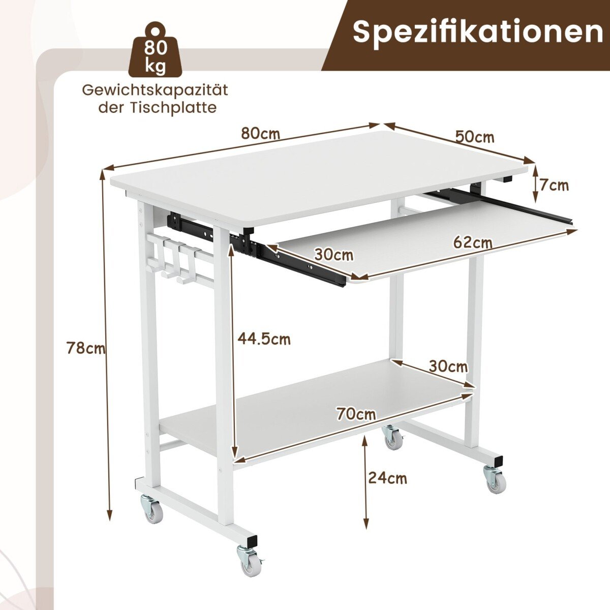 Mobilus kompiuterio stalas su ištraukiamu klaviatūros stalčiumi (Balta)
