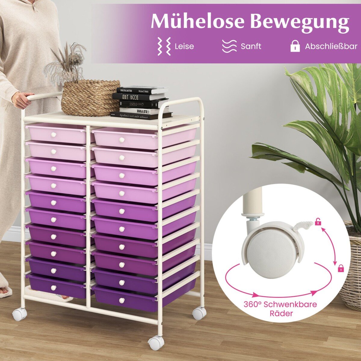 Mobilus vežimėlis su 20 stalčių ir tvirtu metaliniu rėmu (Violetinė)