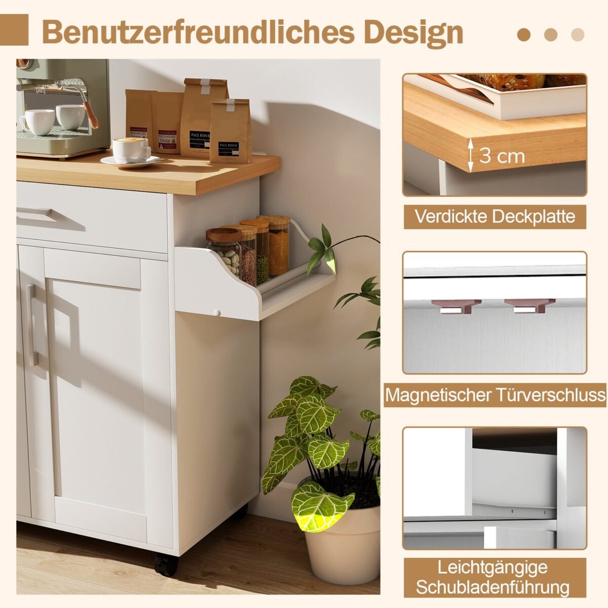 Mobilus virtuvės vežimėlis su stalviršiu ir reguliuojama lentyna (Balta) – Paveikslėlis 3