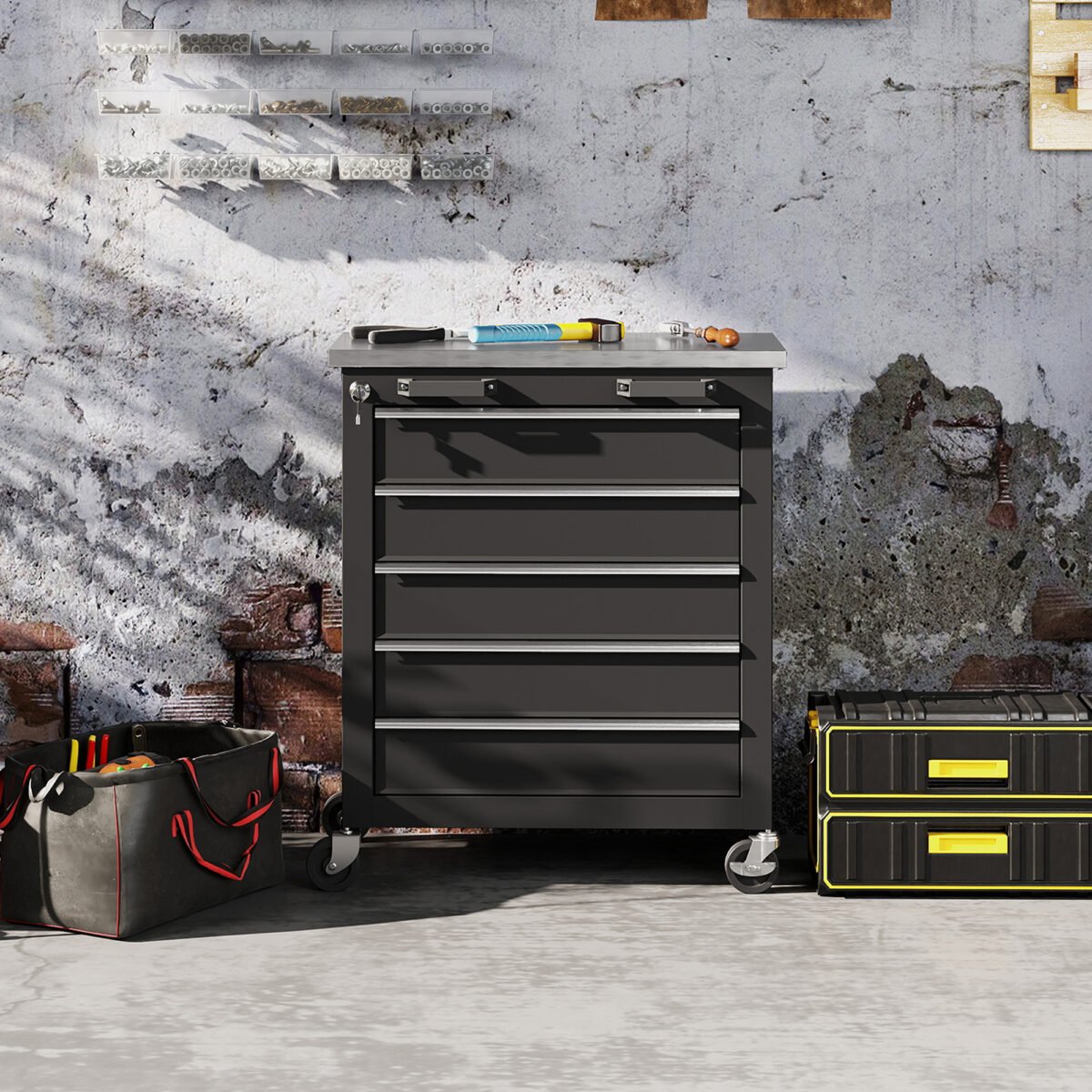 Modulinis įrankių vežimėlis su 5 stalčiais ir darbastaliu