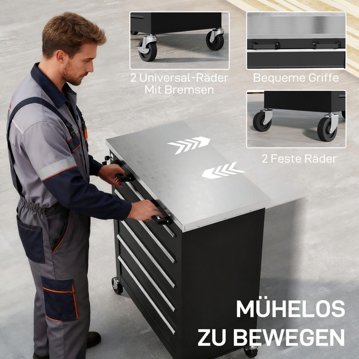 Modulinis įrankių vežimėlis su 5 stalčiais ir darbastaliu