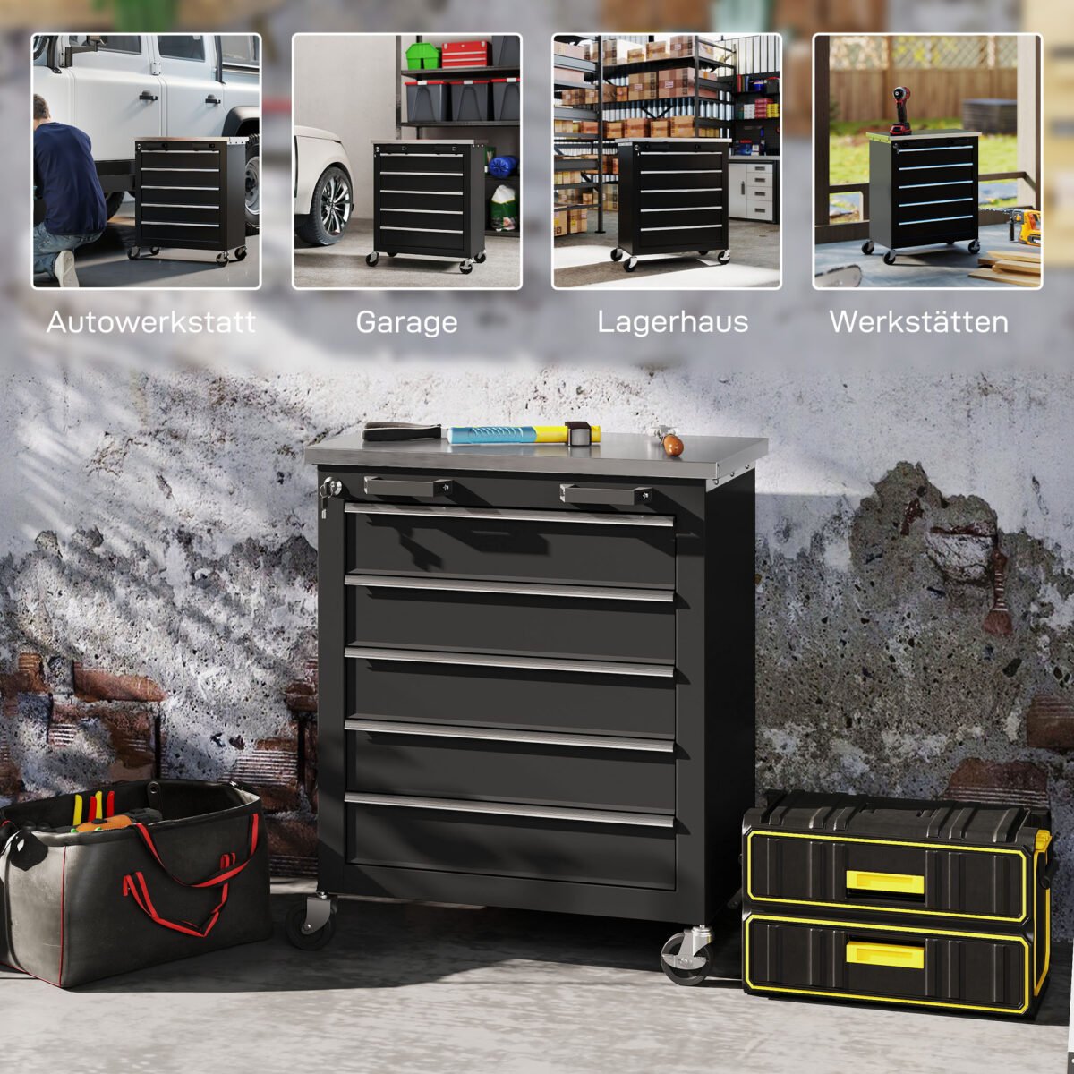 Modulinis įrankių vežimėlis su 5 stalčiais ir darbastaliu