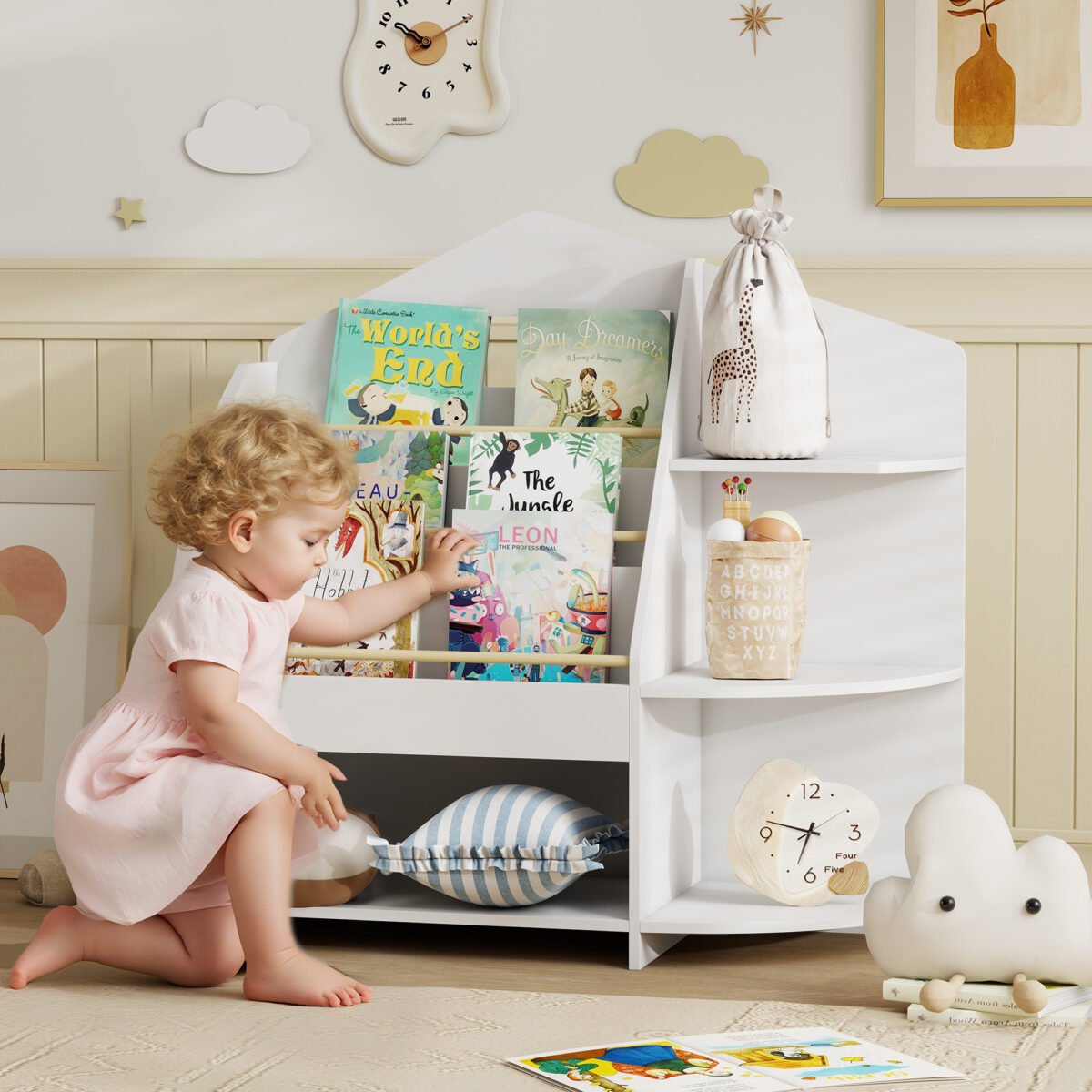 Montessori įkvėpta vaikų lentyna su 7 skyriais