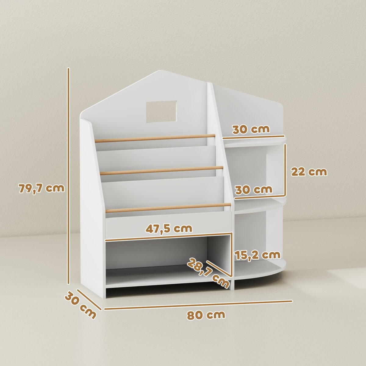 Montessori įkvėpta vaikų lentyna su 7 skyriais