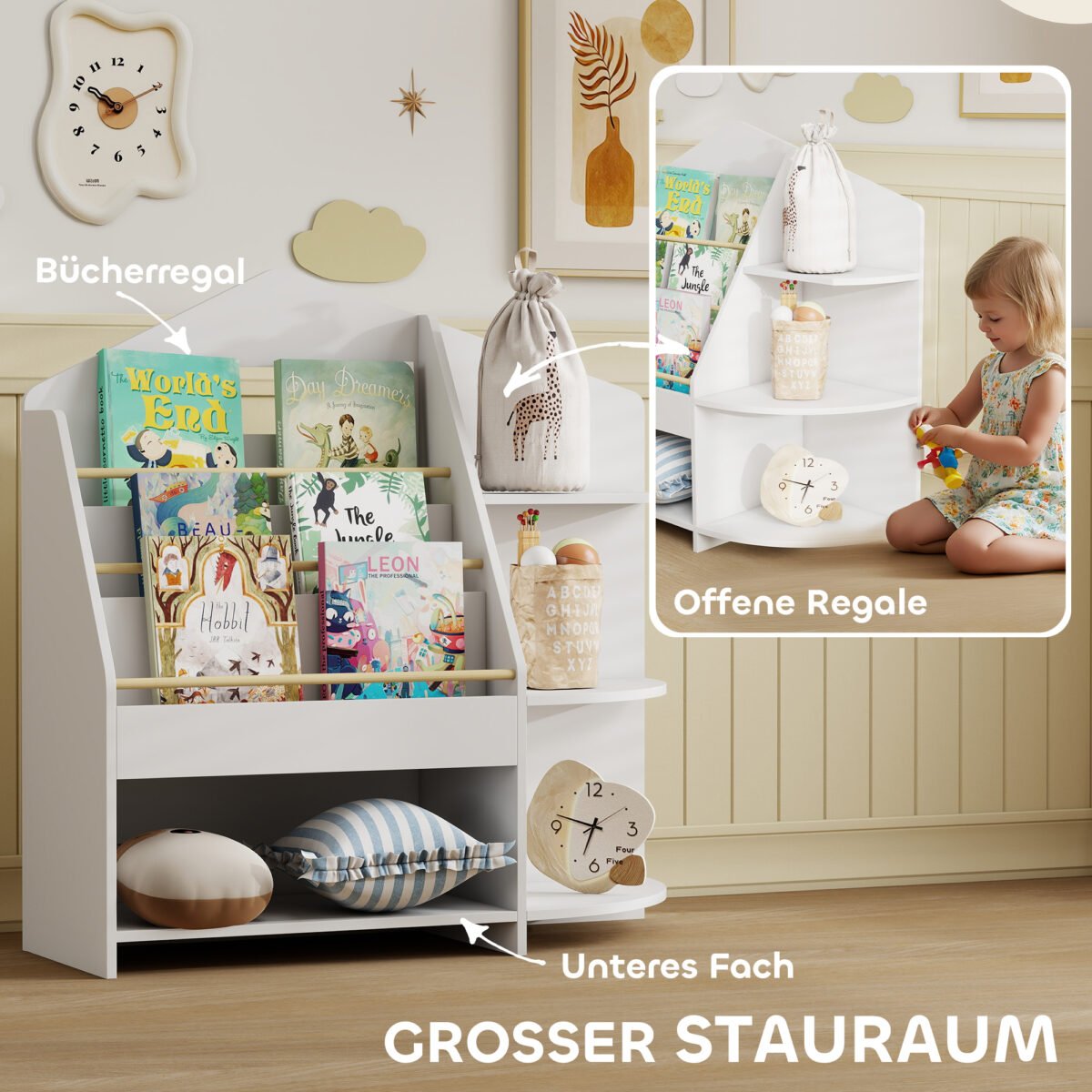 Montessori įkvėpta vaikų lentyna su 7 skyriais