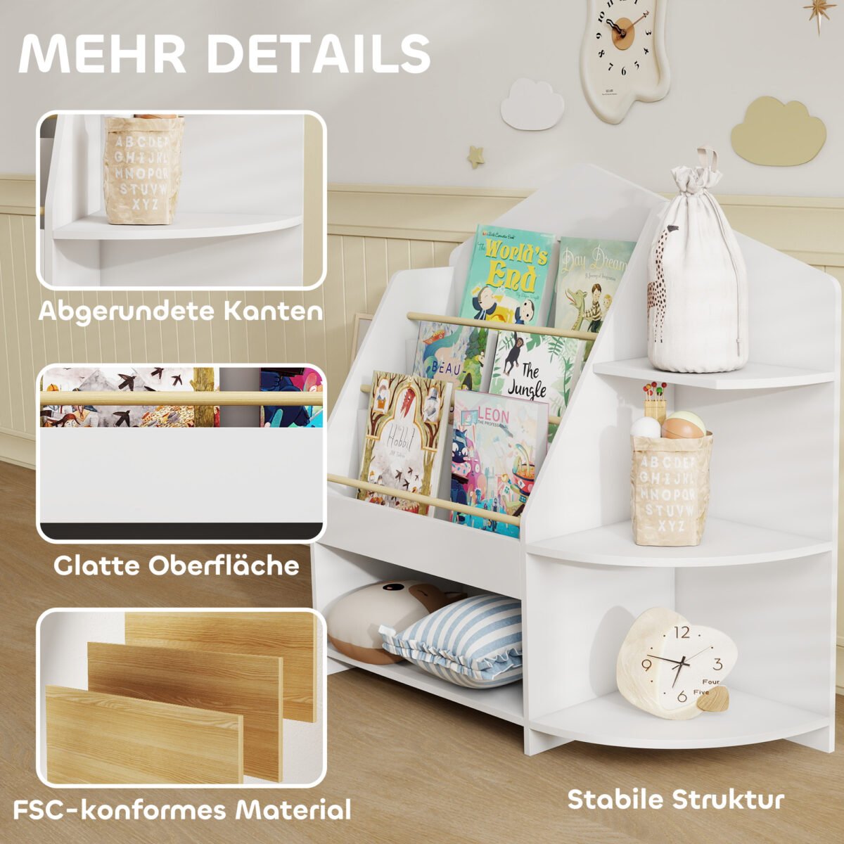 Montessori įkvėpta vaikų lentyna su 7 skyriais