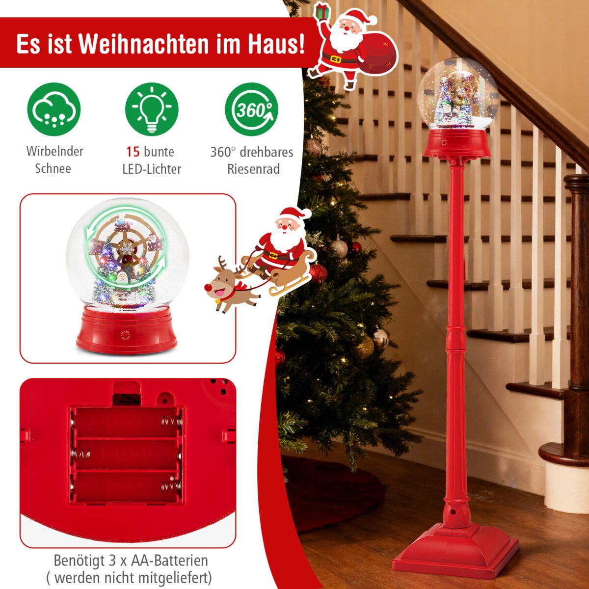 Muzikinis Kalėdų sniego burbulas-gatvės žibintas su apžvalgos ratu (Raudona) – Paveikslėlis 3